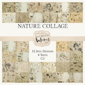 Könnte beinhalten: Eine digitale Sammlung von 32 Collagenpapieren zum Thema Natur in Beige- und Sepiatönen mit Vintage-Illustrationen von Schmetterlingen, Farnen, Wildblumen und Porträts. Der Text lautet NATURE COLLAGE, ART HOUSE WHIMSY, 32 JPEG DESIGNS, 4 SIZES, CU.