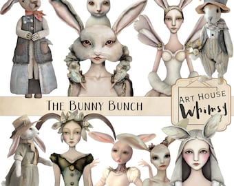 The Bunny Bunch - 10 Pngs y 3 hojas imprimibles, primavera, Pascua, personajes temáticos de conejitos caprichosos, diario basura, CU, descarga digital