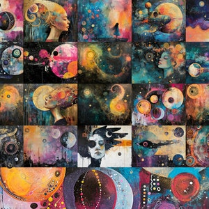 May include: A collage of 25 abstract paintings featuring celestial bodies, swirling colors, and faces. The paintings are in a variety of colors, including blue, green, purple, and yellow. The paintings are arranged in a grid pattern.