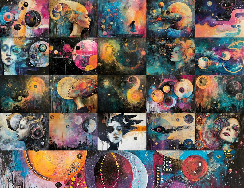 May include: A collage of 25 abstract paintings featuring celestial bodies, swirling colors, and faces. The paintings are in a variety of colors, including blue, green, purple, and yellow. The paintings are arranged in a grid pattern.