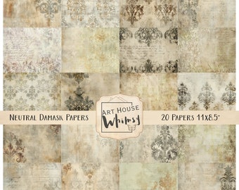 Neutral Damask Papers - 20 vintage style soft and grungy damask papers with script details,  (11x8.5"), CU, Junk Journal, Digital Art