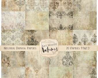 Neutral Damask Papers:  Vintage Damask Paper Pack, 20 Grungy Textures (Digital Download)