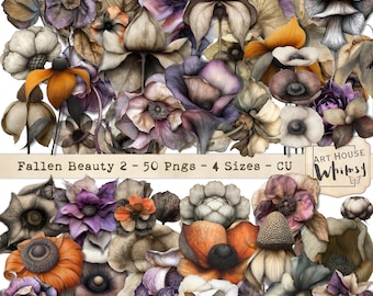 Fallen Beauty 2;  Halloween Floral PNG Set Autumn Flowers, Leaves - Digital Art (CU License)