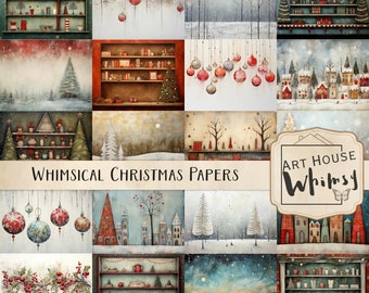 May include: A digital paper pack with 12 whimsical Christmas illustrations featuring winter scenes, snow-covered houses, ornaments, and shelves with Christmas decorations. The text "Whimsical Christmas Papers" and "Art House Whimsy" is included in the image.