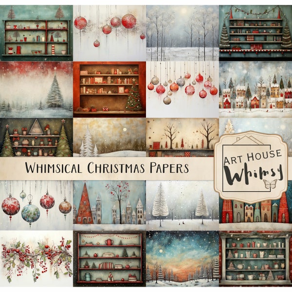 Whimsical Christmas Papers, Mixed Media Quirky Christmas Backgrounds, Commercial Use, Digital Download, Junk Journal, Card Making, 20 Jpegs