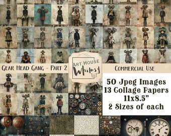 Gear Head Gang Pt2, 50 personnages steampunk noirs et asiatiques au format JPEG, 13 feuilles de collage, CU, fabrication de cartes, journaux indésirables, art numérique