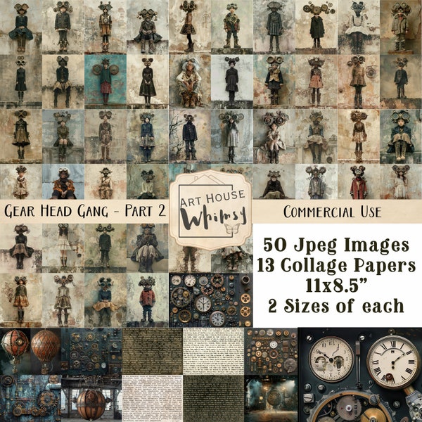 Gear Head Gang Pt2, 50 personnages steampunk noirs et asiatiques au format JPEG, 13 feuilles de collage, CU, fabrication de cartes, journaux indésirables, art numérique