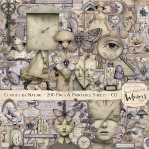 May include: A digital collage sheet featuring surreal illustrations of figures with clock faces, butterflies, human eyes, keys, and botanical elements in muted sepia and purple tones. Text includes "Curious by Nature" and "Art House Whimsy".