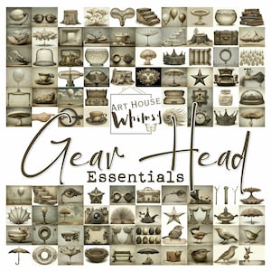 May include: A collage of sepia-toned illustrations featuring whimsical objects. The image includes a variety of items such as crowns, umbrellas, clocks, and birds. The text "Art House Whimsy" and "Gear Head Essentials" is also present.