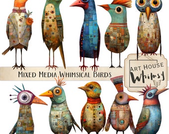 Mixed Media Whimsical Birds, Quirky Bird Graphics, Commercial Use,  Whimsical Graphics, Quirky  Clipart, 10 Png Elements & Printable Sheets