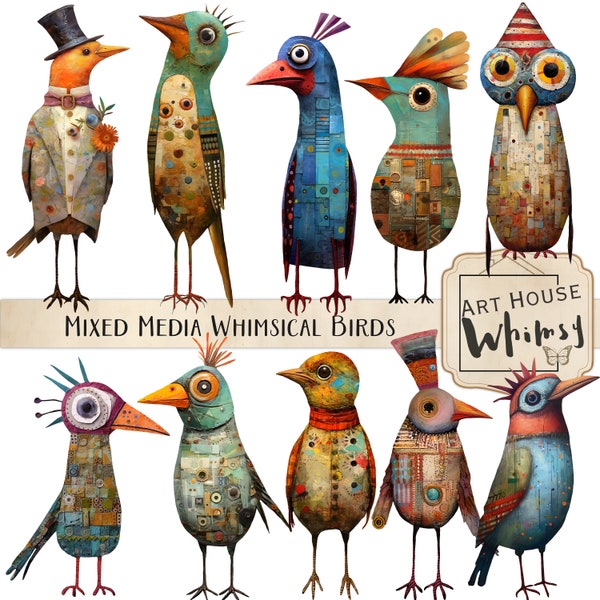 Mixed Media Whimsical Birds, Quirky Bird Graphics, Commercial Use,  Whimsical Graphics, Quirky  Clipart, 10 Png Elements & Printable Sheets