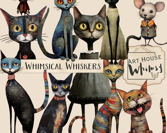 Whimsical Whiskers, Quirky Mixed Media Cat and Mouse Graphics, Commercial Use, Cat and Mouse Clipart, 10 Png Elements & Printable Sheets