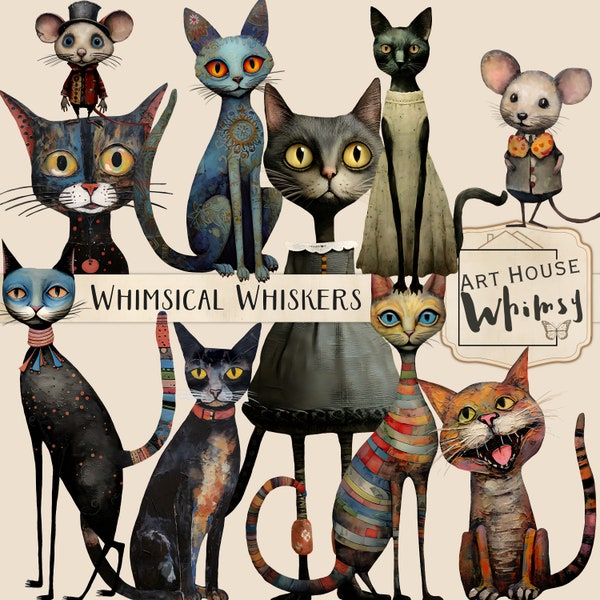 Whimsical Whiskers, Quirky Mixed Media Cat and Mouse Graphics, Commercial Use, Cat and Mouse Clipart, 10 Png Elements & Printable Sheets