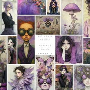 May include: A collection of artistic images with a purple theme. The images feature portraits with purple details, a mushroom, and butterflies. The text "ART HOUSE WHIMSY PURPLE HAZE PHASE 2" is also visible.