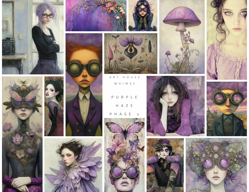 May include: A collection of artistic images with a purple theme. The images feature portraits with purple details, a mushroom, and butterflies. The text "ART HOUSE WHIMSY PURPLE HAZE PHASE 2" is also visible.