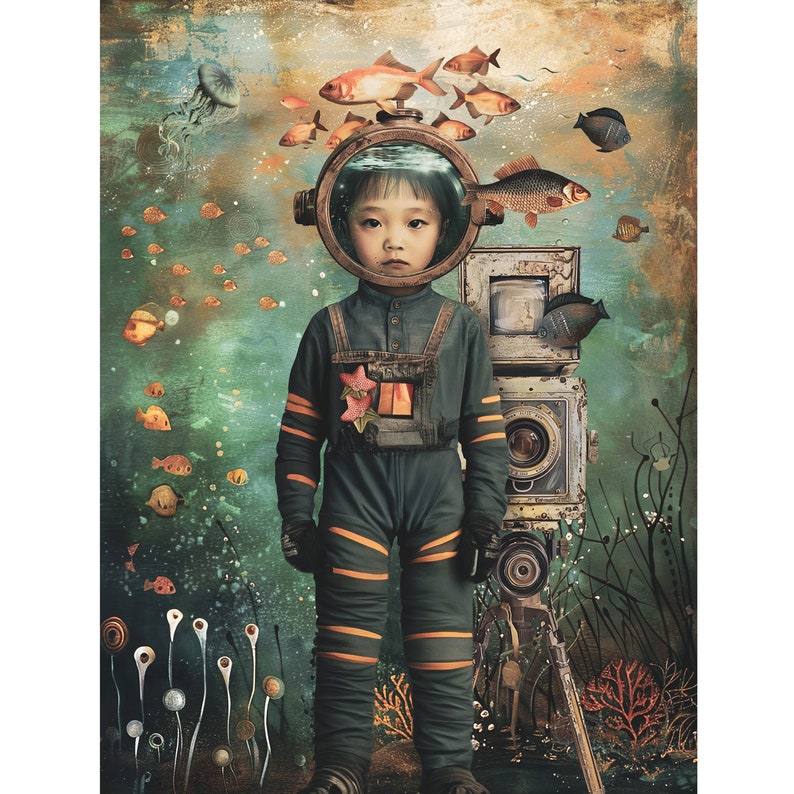 May include: A young person wearing a diving helmet and a dark green jumpsuit with orange stripes stands in front of an antique camera. The background is a watercolor-style painting of an underwater scene with fish and seaweed.