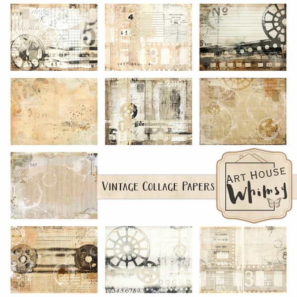 Vintage Collage Papers, 10 Vintage style designs, (3 versions) Jpegs & Png Overlays, CU, Junk Journal, Digital Art, 11x8.5"