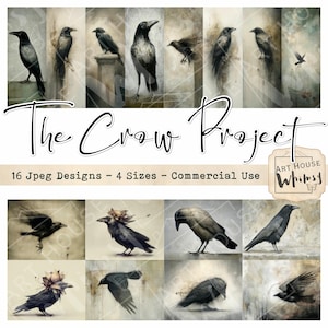 Peut inclure: Collection d'art numérique « The Crow Project » avec 16 motifs JPEG de corbeaux dans diverses poses et environnements. Les images ont une esthétique vintage, avec une palette de couleurs neutres et le texte « Commercial Use ».