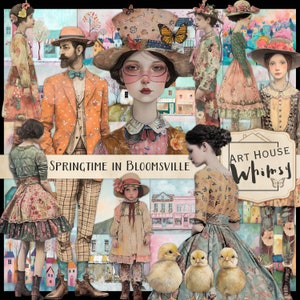 Le printemps à Bloomsville - Kit numérique pastel fantaisiste sur le thème du printemps/Pâques, 10 images PNG, 20 feuilles et 28 impressions, CU, Junk Journal
