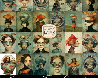 Something Fishy Going on - 24 Surreal and Whimsical Fish themed designs, Jpeg Papers, 3 Sizes, CU, Junk Journals, Digital Art