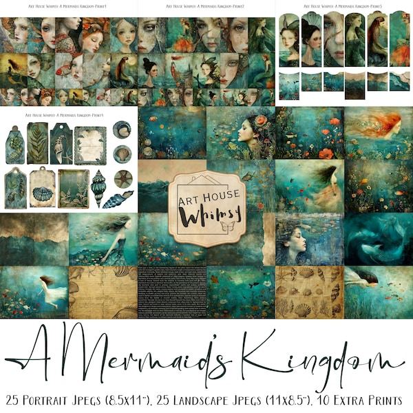 Il regno di una sirena, 50 fogli di carte Jpeg del collage etereo della sirena oceano, CU, download digitale, diario spazzatura, arte digitale, 11x8.5"