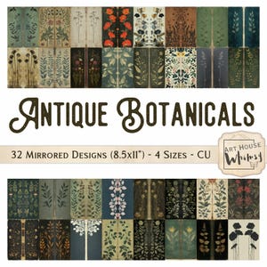 Antique Botanicals - 32 Vintage style book journal notebook covers, mirrored double pages,  8.5x11", 4 sizes, Junk Journals, Digital Art, CU