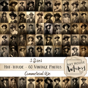 Hat-titude - 60 Large Vintage Images - Old Portraits of People with Hats & 19 Collage Sheets for Junk Journals, Digital Art, CU