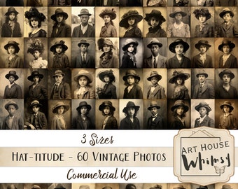 Puede incluir: Un collage de 60 fotos vintage con personas que llevan sombreros. Las fotos están en blanco y negro y en tonos sepia. El texto "HAT-TITUDE - 60 VINTAGE PHOTOS" y "3 Sizes" está en la parte inferior del collage. El texto "ART HOUSE Whimsy" está en un círculo en la parte inferior derecha del collage.