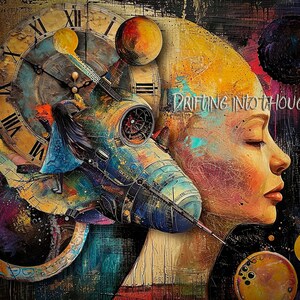 May include: A colorful abstract painting with a woman's face, a clock, and a spaceship. The text "Drifting into Thought" is written in the upper right corner of the painting.