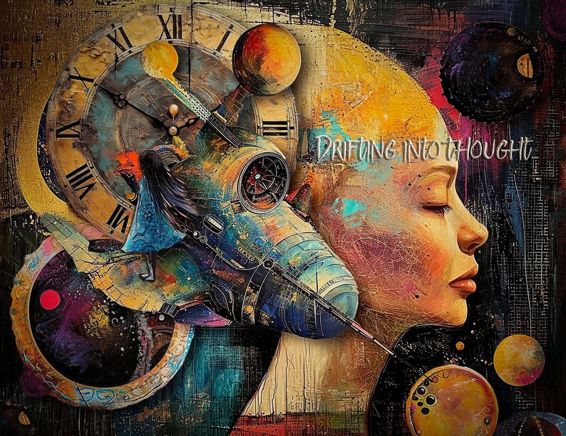 May include: A colorful abstract painting with a woman's face, a clock, and a spaceship. The text "Drifting into Thought" is written in the upper right corner of the painting.