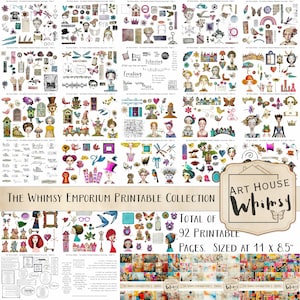 The Whimsy Emporium Printable Collection - 92 Printable Sheets of Whimsical and Arty Clipart and Papers , CU, Junk Journal, Fussy Cuts