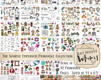 Colección imprimible de The Whimsy Emporium: 92 hojas imprimibles de imágenes prediseñadas y papeles caprichosos y artísticos, CU, Junk Journal, Fussy Cuts