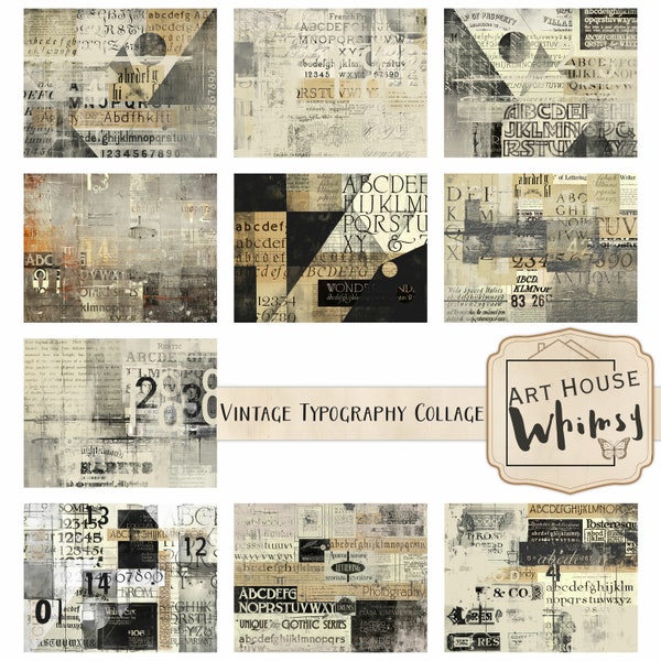 Vintage typografie collage, 10 grunge stijl Jpeg afdrukbare papieren, CU, digitale download, junk Journal, digitale kunst, 11x8.5"