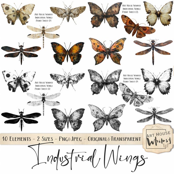 Industrial Wings-10 Steampunk Png Butterflies, Dragonflies & Moths, 2 Sizes, 2 Versions, CU,  Digital Download, Junk Journals, Digital Art