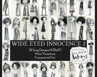 Wide Eyed Innocence 2: Cute Black and White Whimsical Characters, 32 Tall Designs, 4 Sizes, CU (Digital Download)