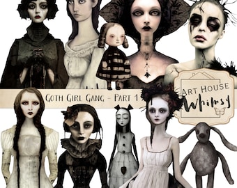 Goth Girl Gang Parte 1 - 10 elementos PNG, personajes góticos/de terror/Halloween, imágenes prediseñadas góticas, uso comercial, diario basura