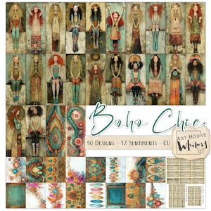 Boho Chic, ragazze boho ispirate agli hippy stravaganti, Papers & Sentiments Jpeg, 52 design, 4 dimensioni, CU, creazione di biglietti, diari spazzatura, arte digitale