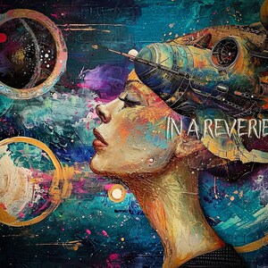 May include: A colorful abstract painting with a woman's face in profile, a spaceship, and the words "In a Reverie" in the center. The painting is done in a variety of colors, including blue, green, yellow, and red.