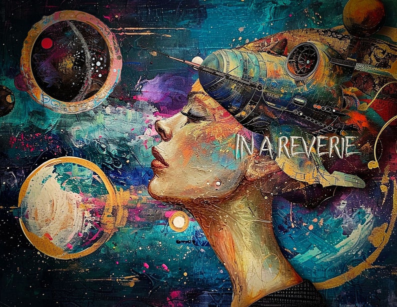 May include: A colorful abstract painting with a woman's face in profile, a spaceship, and the words "In a Reverie" in the center. The painting is done in a variety of colors, including blue, green, yellow, and red.
