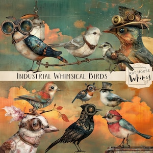 Oiseaux lunatiques industriels - Steampunk Png oiseau Clipart Tags papiers poésie scrapbooking Junk Journal, Art numérique CU graphiques imprimable