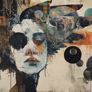May include: Abstract painting with a stylized face in the center, surrounded by black, white, and gold circles and shapes. The background is a textured beige with drips of paint.