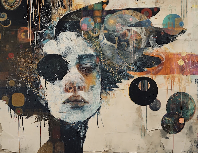 May include: Abstract painting with a stylized face in the center, surrounded by black, white, and gold circles and shapes. The background is a textured beige with drips of paint.
