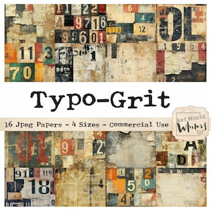Typo-Grit - 16 sfondi tipografici invecchiati e rovinati, Jpeg, (11x8,5"), CU, Junk Journal, arte digitale, 4 dimensioni