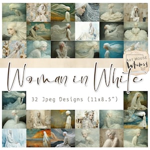 May include: A set of 32 digital JPEG designs, each depicting a woman in white. The artwork presents ethereal figures with flowing white hair and gowns, set against soft, dreamlike backgrounds. The designs are 27.9 x 21.6 cm in size.