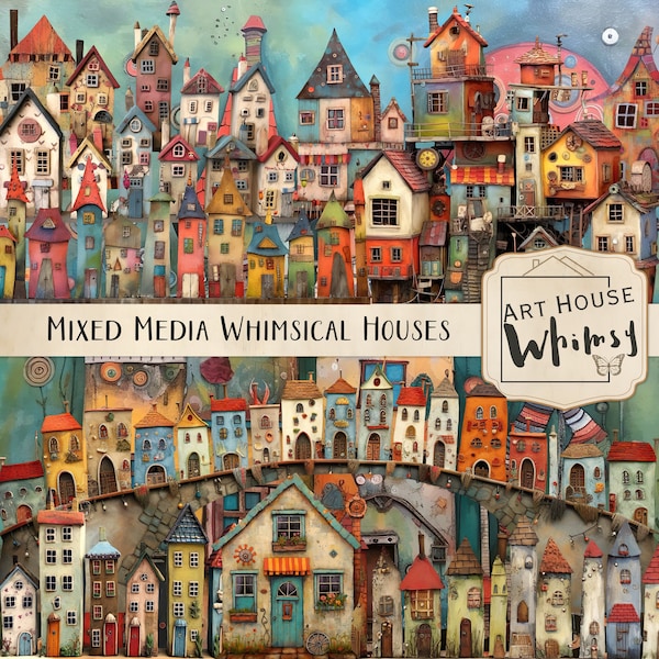 Mixed Media Whimsical Houses, Commercial Use, Whimsical Graphics, Quirky Clipart, 10 Png Elements, 1 Jpeg & 2 Printable Sheets