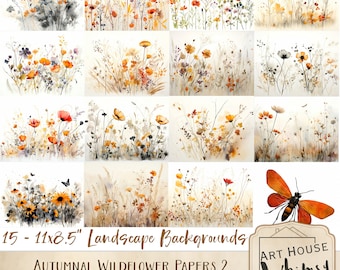 Autumn Wildflower Watercolor Backgrounds: 15 Landscape JPEGs (Commercial Use)