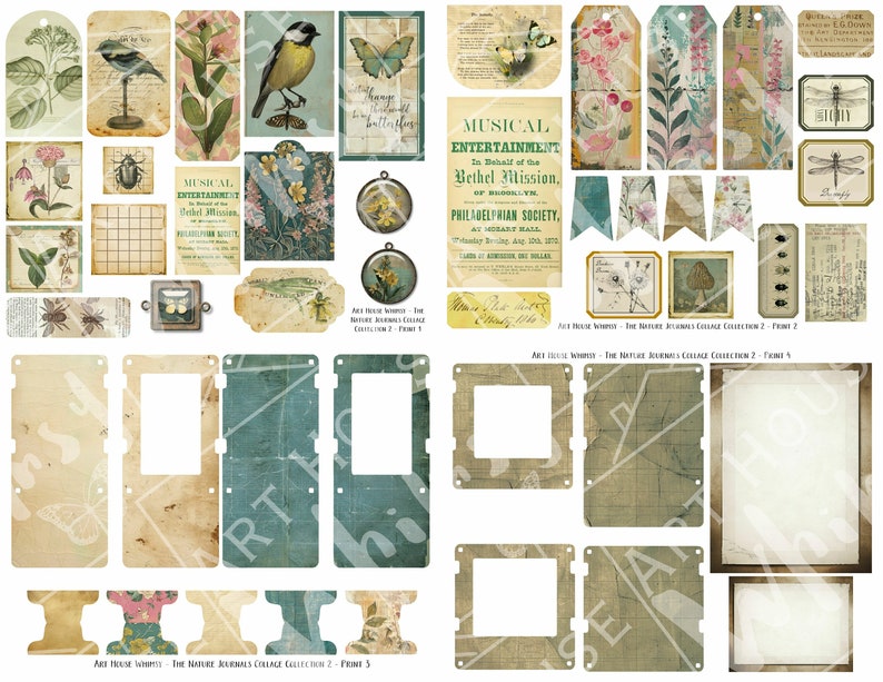 Peut inclure: Une feuille de collage num&eacute;rique avec des images et du texte de style vintage. La feuille pr&eacute;sente des images de papillons, d'oiseaux, de fleurs, d'insectes et d'une affiche de divertissement musical. La feuille est con&ccedil;ue pour le scrapbooking, la fabrication de cartes et autres travaux manuels en papier.