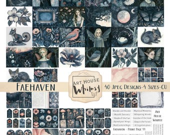 Könnte beinhalten: Eine digitale Collage aus 40 Aquarell-Illustrationen mit fantasievollen Waldszenen, Feen, Pilzen und Vögeln. Die Illustrationen sind in Blautönen, Rosa und Grün gehalten. Der Text "Art House Whimsy" und "Faehaven" ist im Bild enthalten.