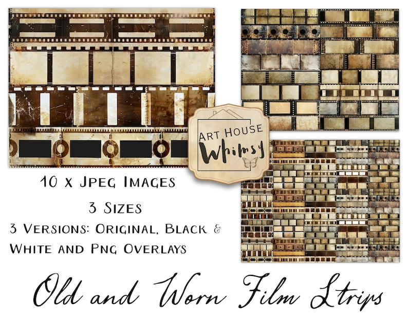 Old and Worn Filmstrip Papers 10 Vintage Grungy Film Strip Printable Papers-3 Versions-3 Sizes, CU, Junk Journal, Digital Art, 11x8.5 image 2