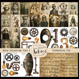 Sepia Steampunk Część 2 - Stare zdjęcia Steampunk koła zębate zegary żarówki rury tagi słowne CU Card Making Junk Journals Sztuka cyfrowa